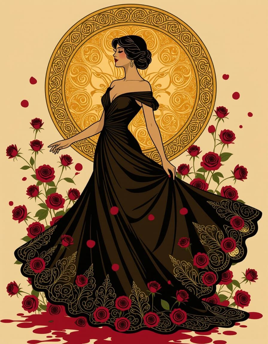 Elegant Woman in Gown with Roses: Art Nouveau Style