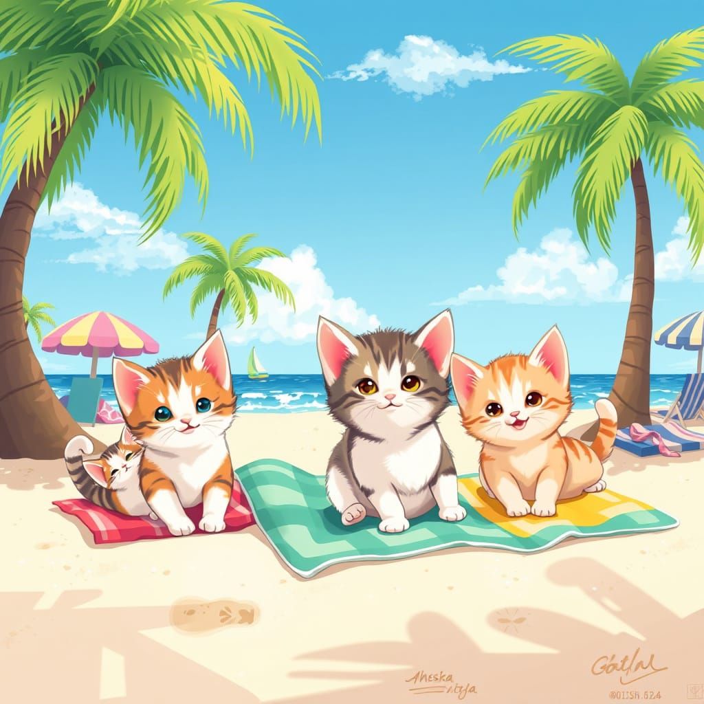 Cute Kittens on Beach, Animated Style