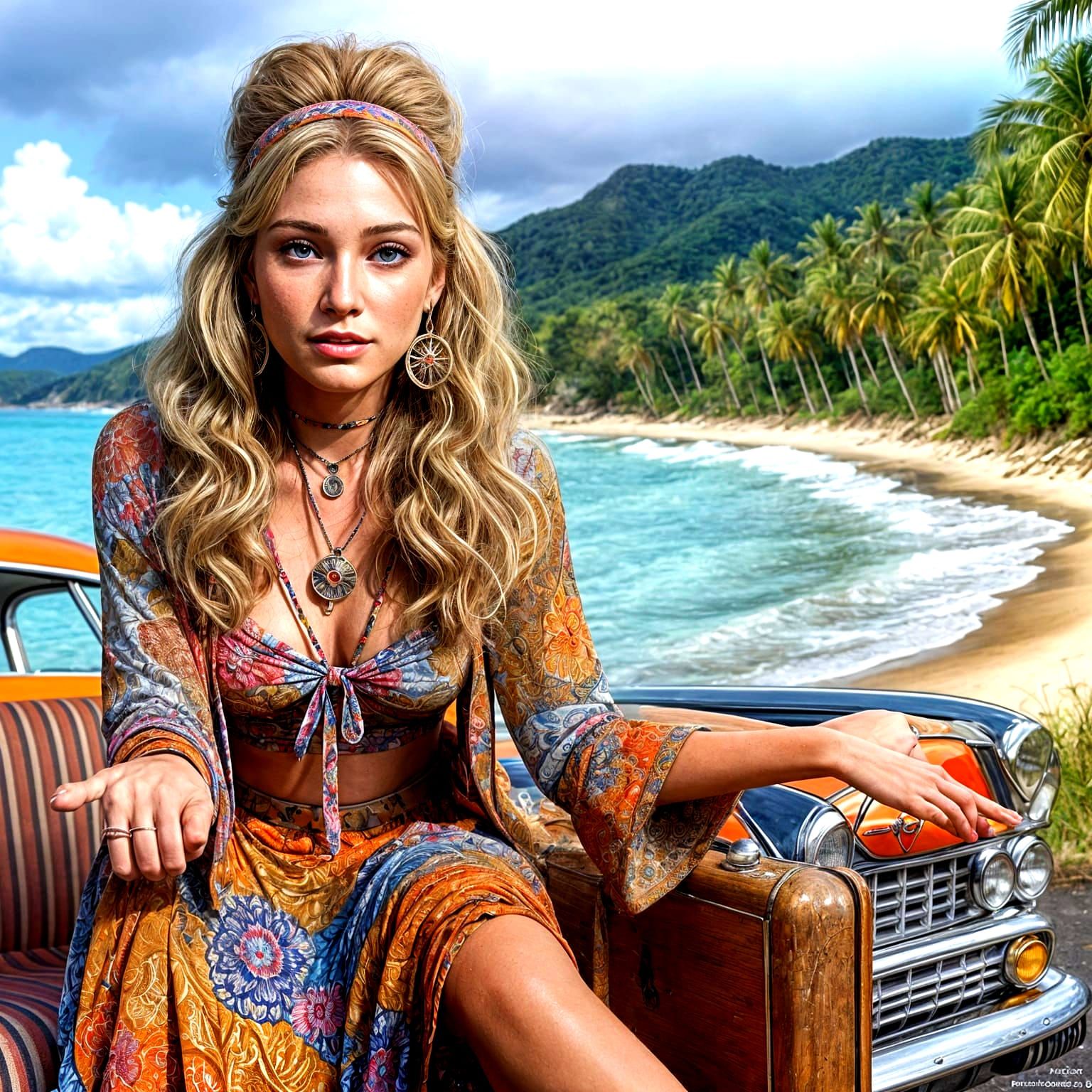 Surreal 1960s Hippie Pin-Up Beauty near Beach