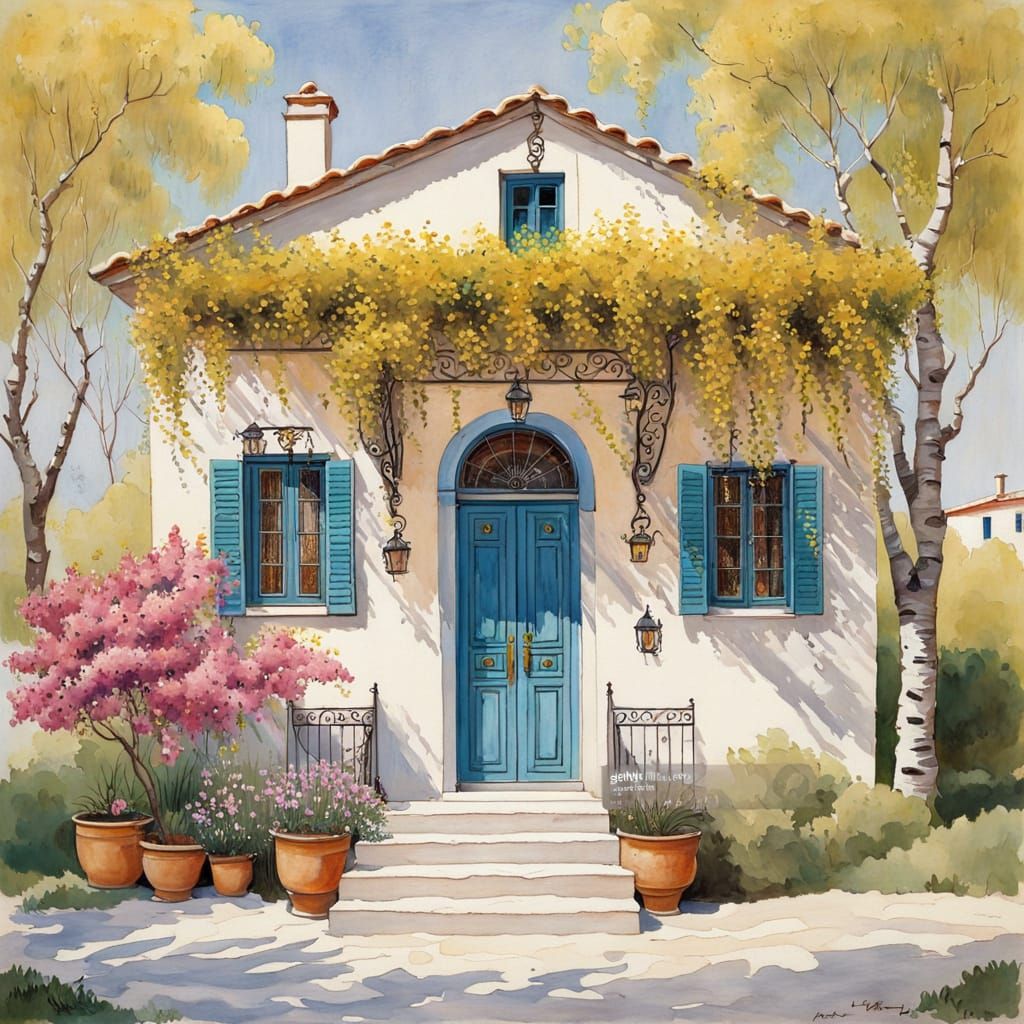 Greek Cottage Masterpiece in Vibrant Gouache Style