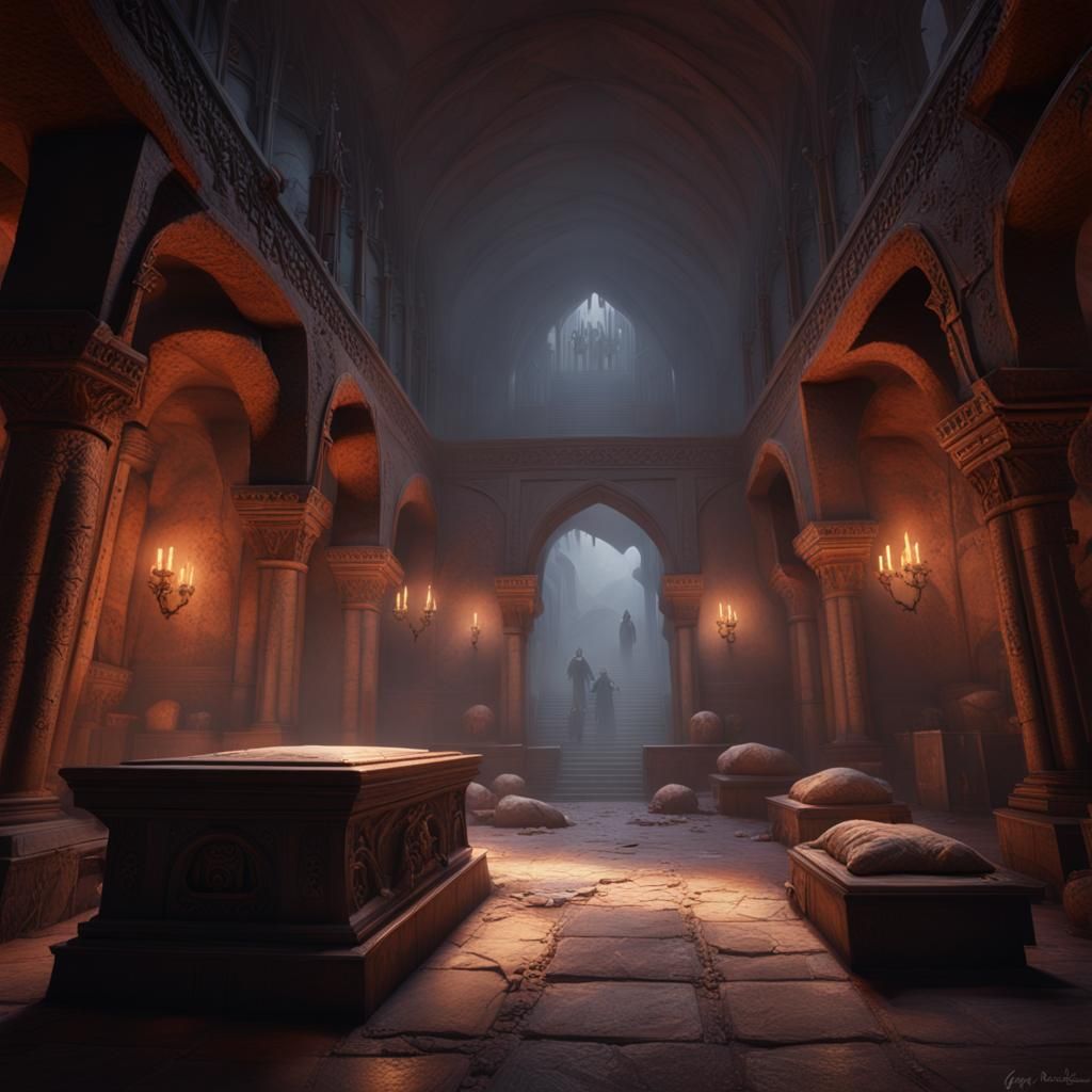Vampire Crypt Interior in Desert, Dark Fantasy Art