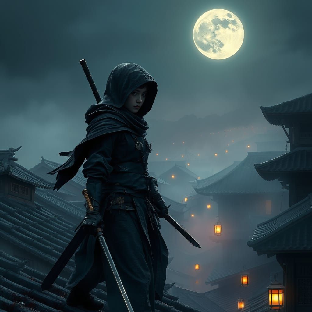 Female Ninja Navigates Medieval Japanese City at Night in In...