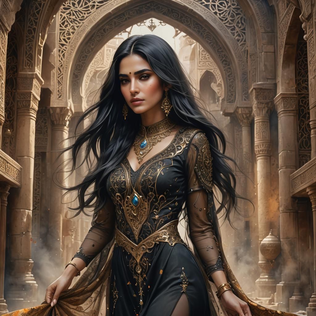 Arabic Woman in Bronze Dress, Watercolor Art