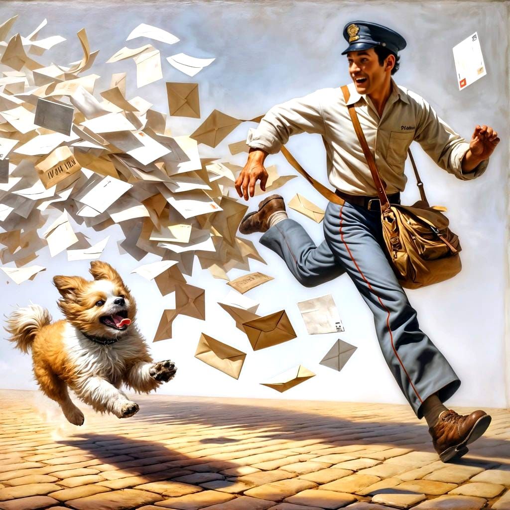 Energetic Dog Chases Postman Amidst Flying Letters in Renais...