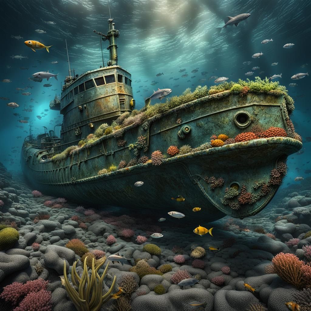 Wrecked German U-boat on Ocean Floor: Hyperrealistic HDR