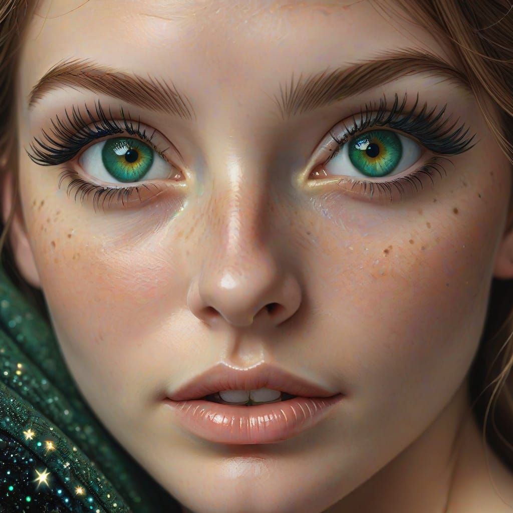 Vivid Green Eyes Reflecting the Starry Night Sky
