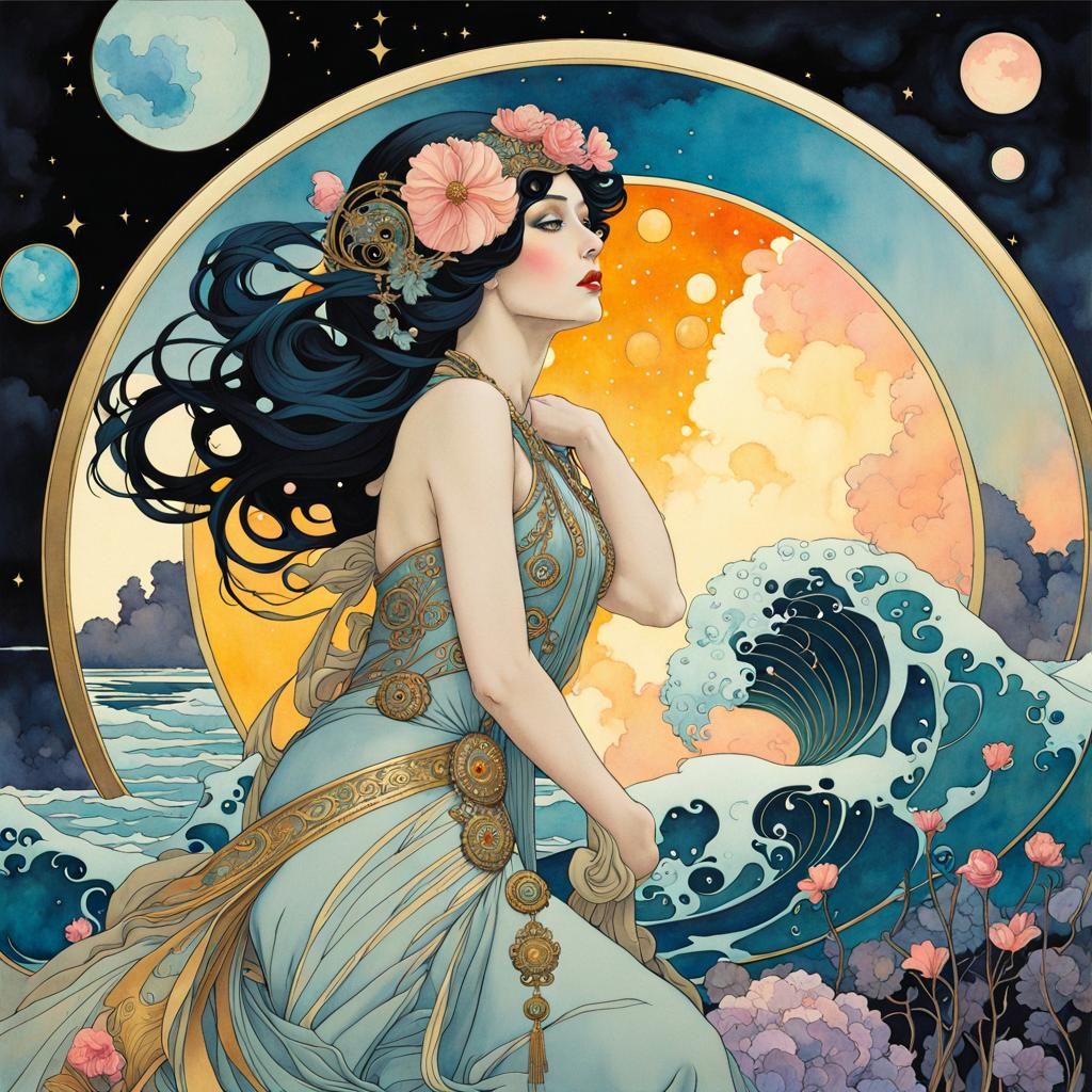 Art Nouveau Lady with Celestial Starscape
