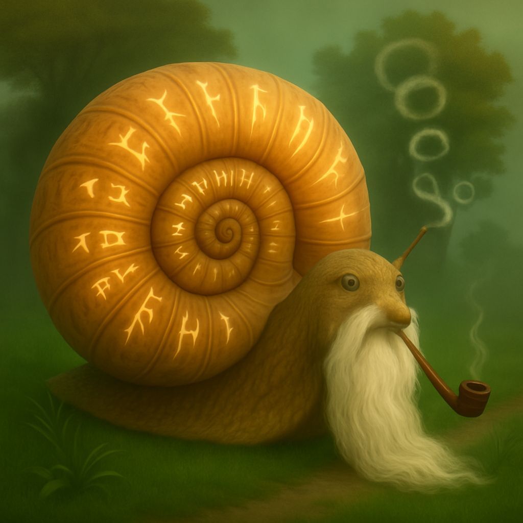 Wise Old Snail with Long White Beard Smokes a Pipe