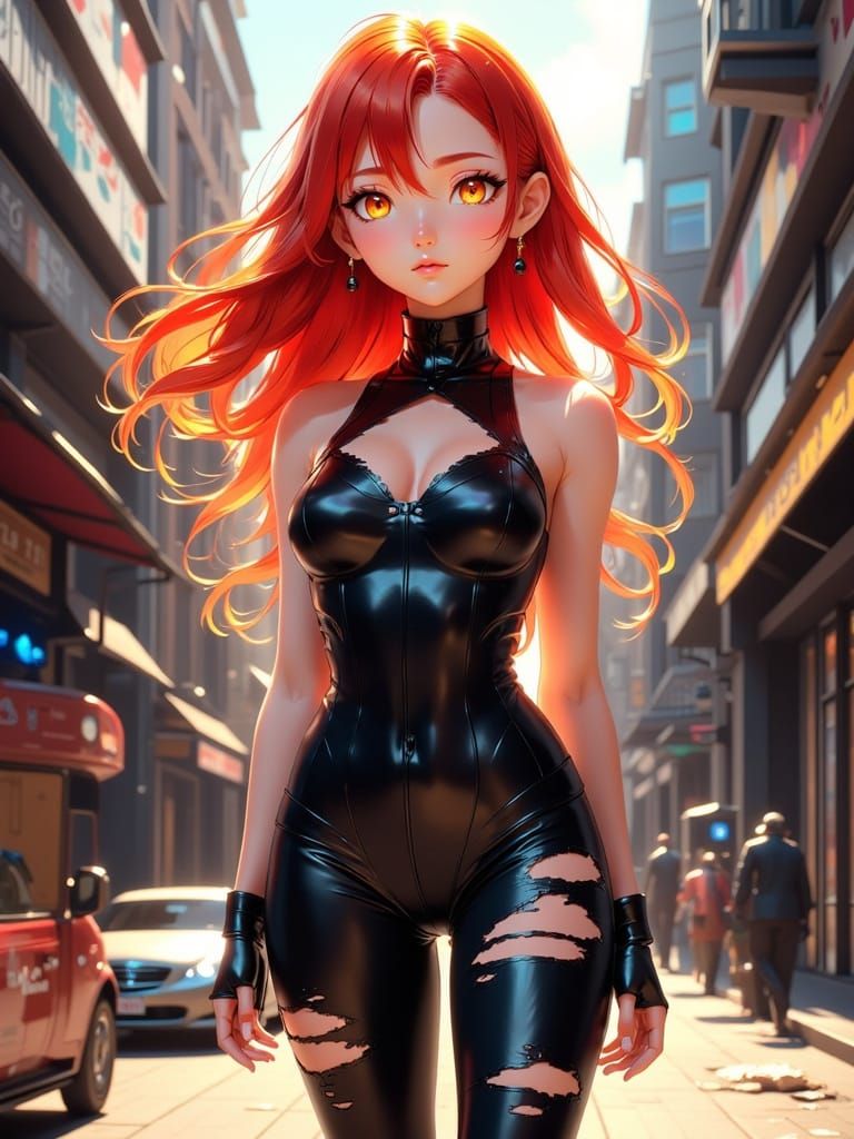 Anime Woman with Red Hair in Dystopian City