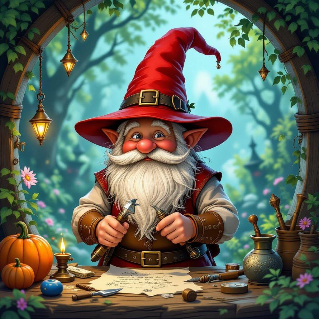 Gnome Tinkerer in Whimsical Fantasy Realm