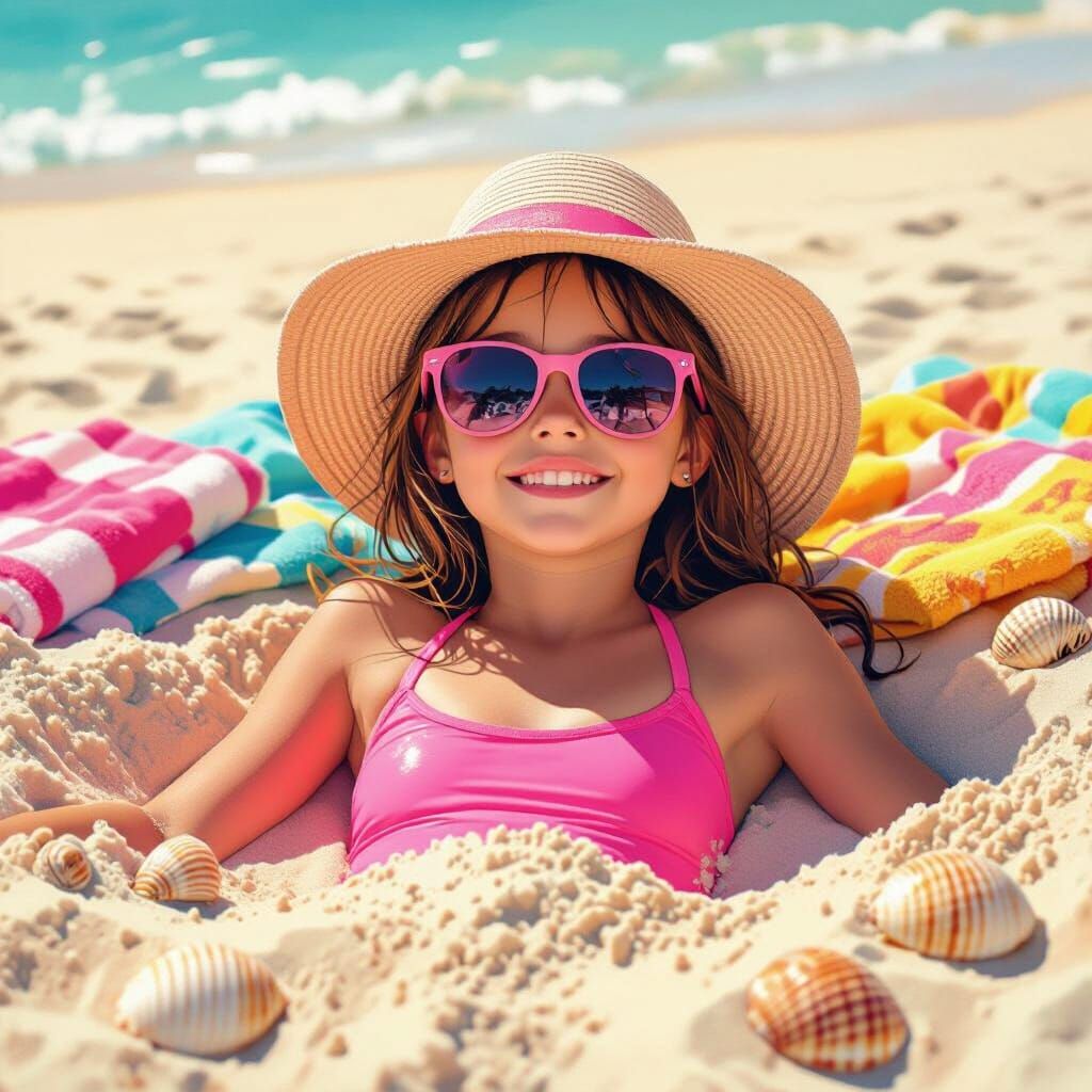 Girl Buried in Sand, Vibrant Colors, Soft Lighting