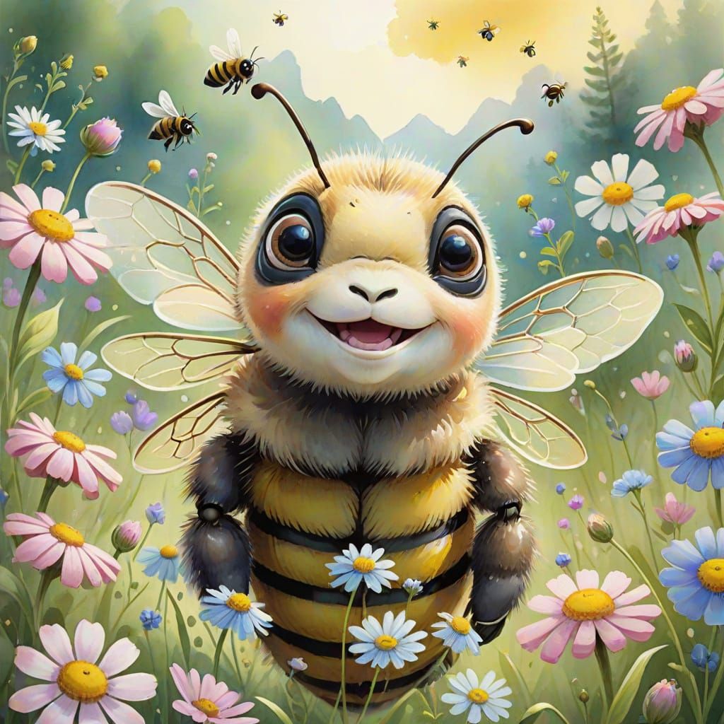 Whimsical Bee Portrait in a Vibrant Floral Wonderland