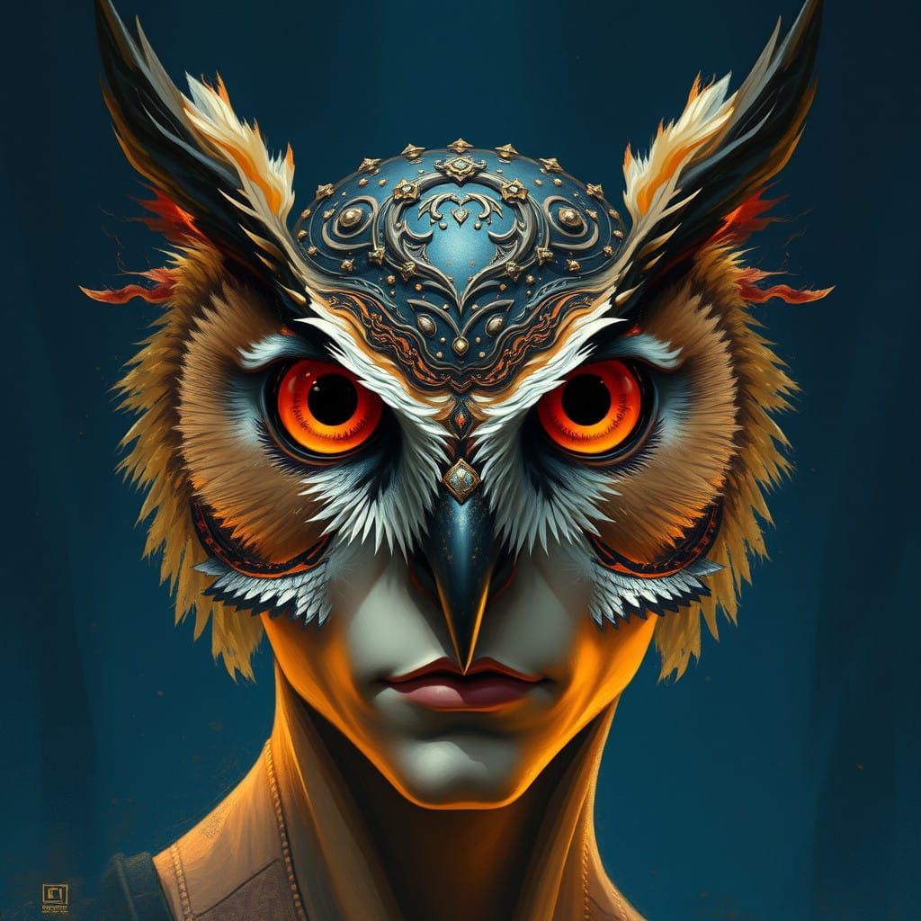 Dreamlike Mysterious Human Owl Hybrid Face in Matte Painting...