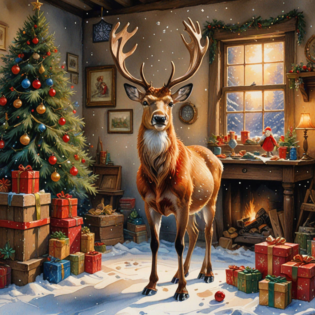 Warm Red Nosed Reindeer in Santa's Workshop