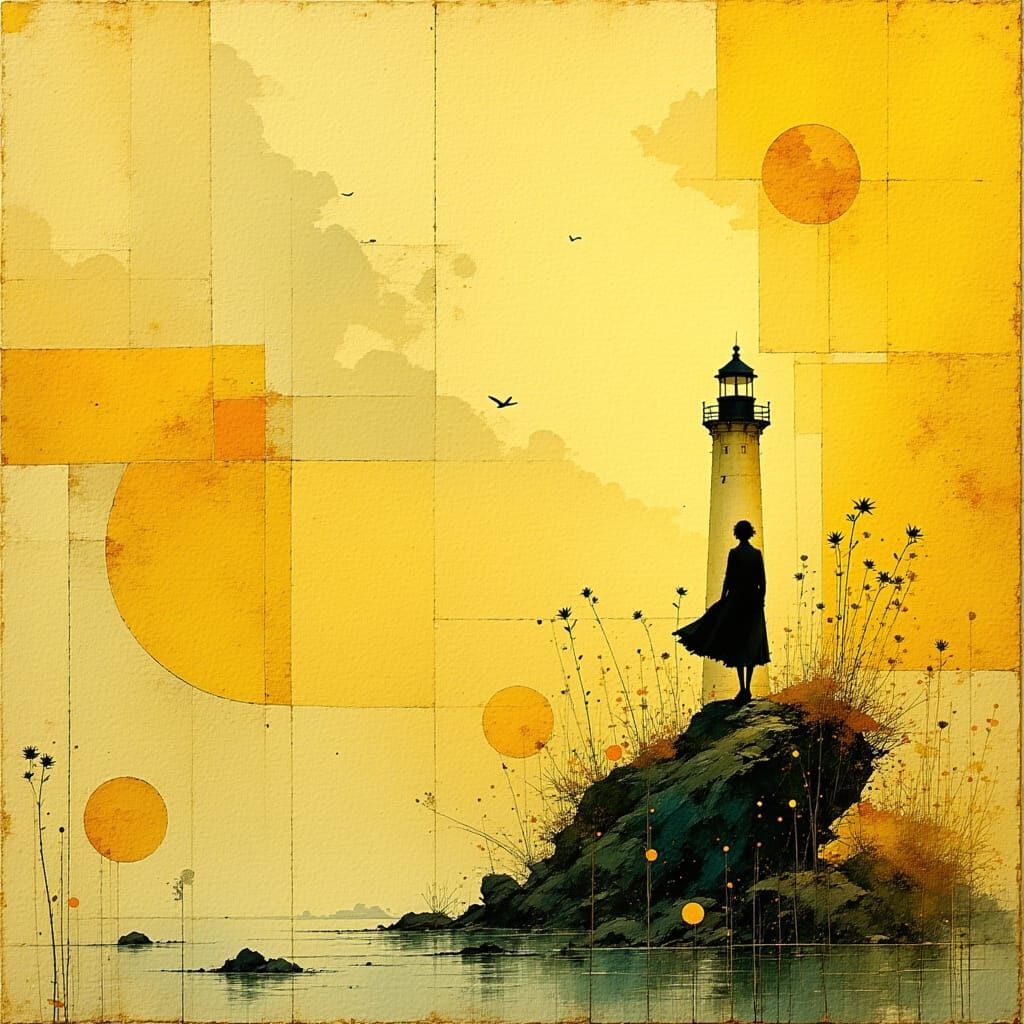 Lighthouse Amidst Sea Oats, Watercolor Style