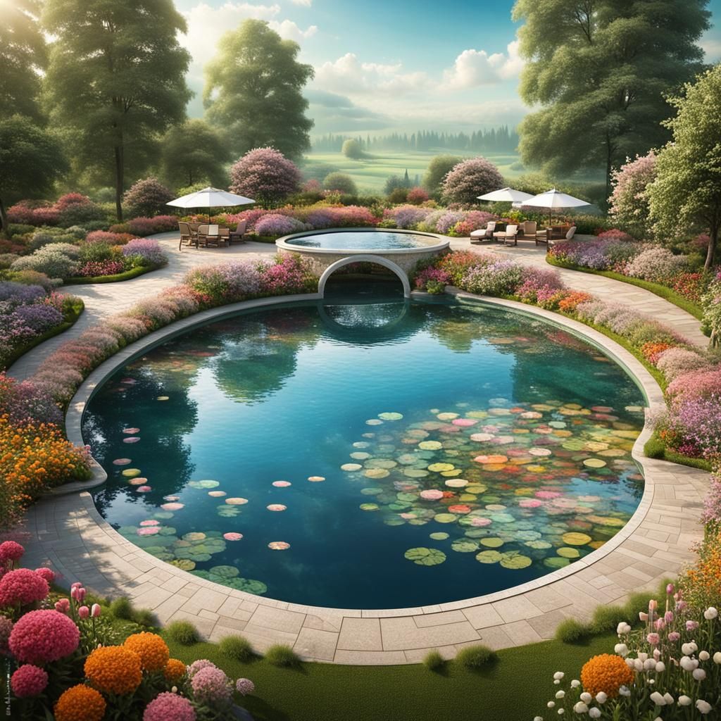Fantasy Tea Party by a Circle Pool