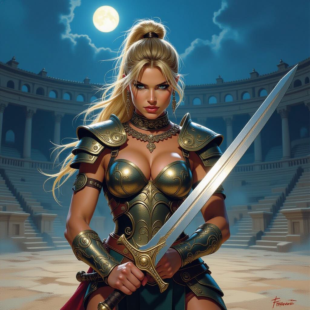 Amazon Warrior in Arena, in Frazetta Style