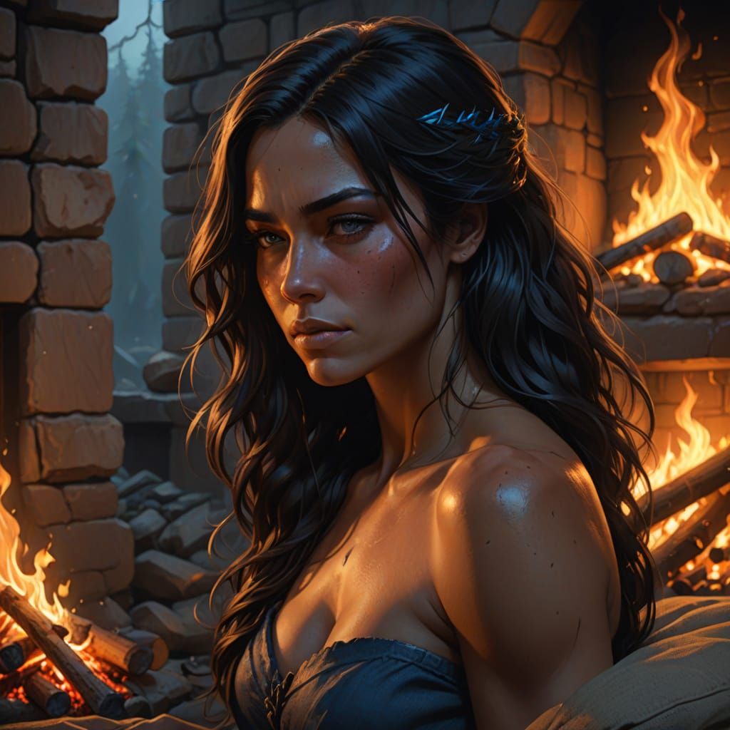 Muscular Woman Sleeping by Firelight - Fantasy Art