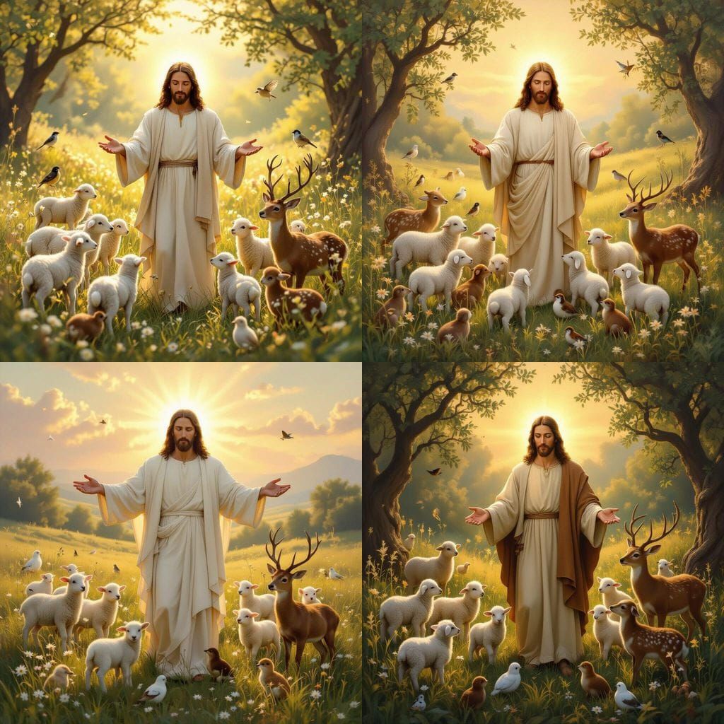 Jesus in Meadow with Gentle Animals, Divine Light