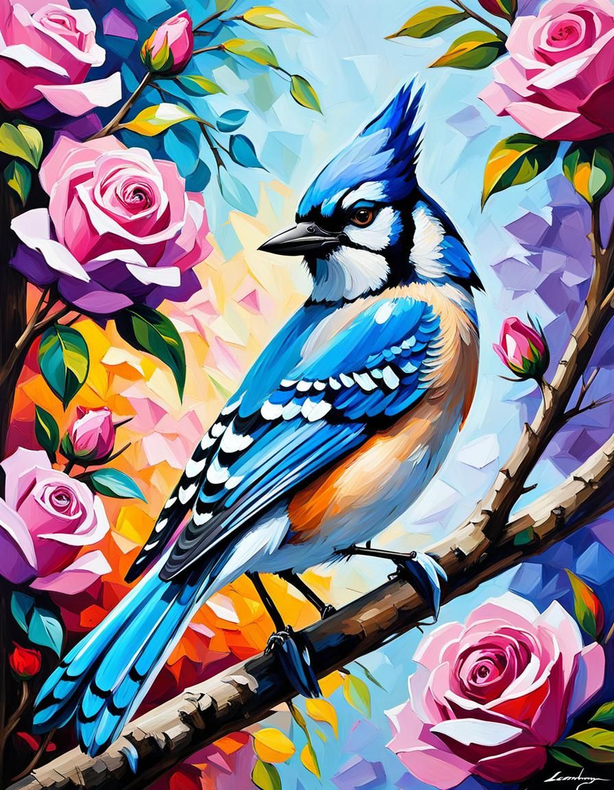 Blue Jay in Roses, Neo-Impressionist Oil Painting