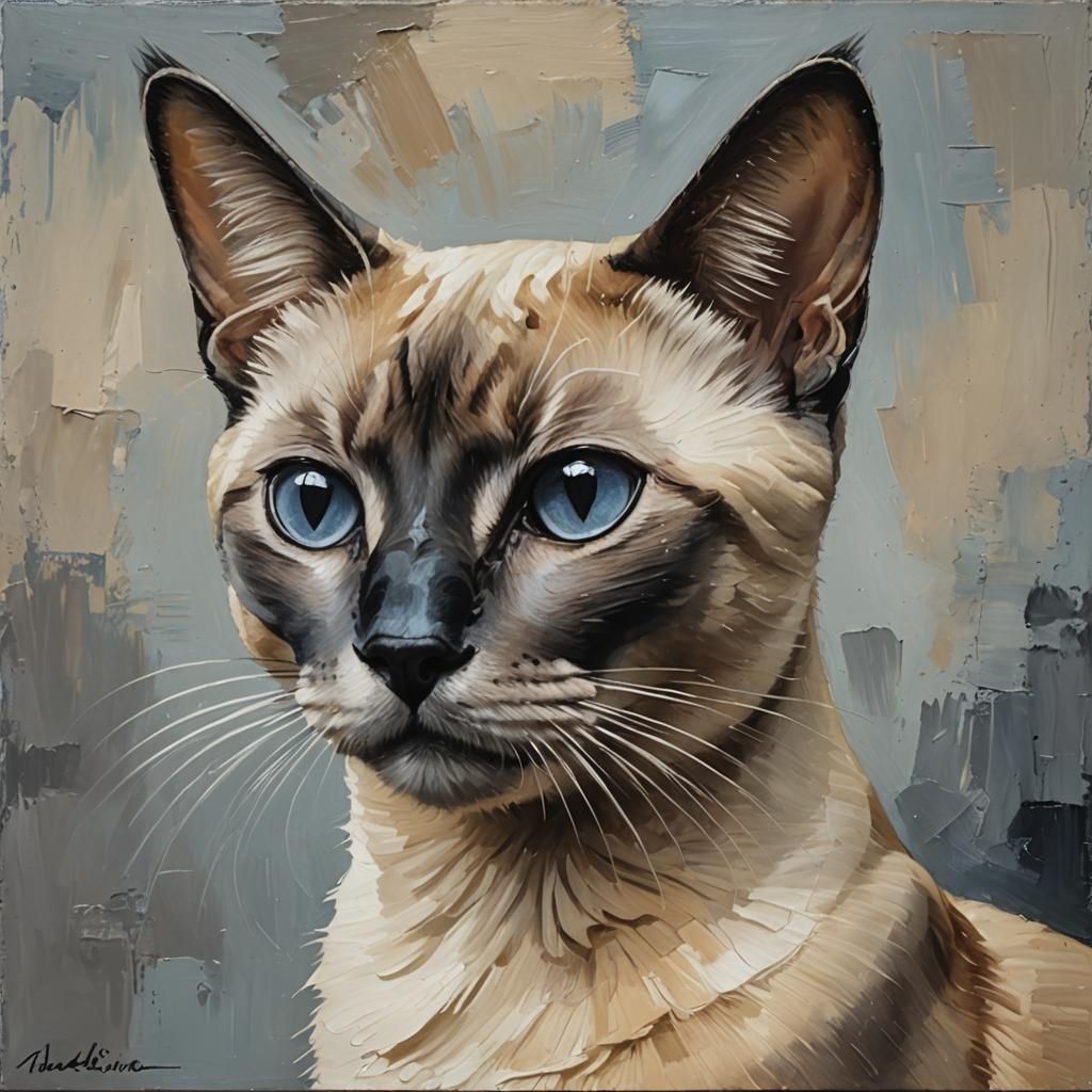 Abstract Cat Portrait in Tachisme Style, Oil on Canvas