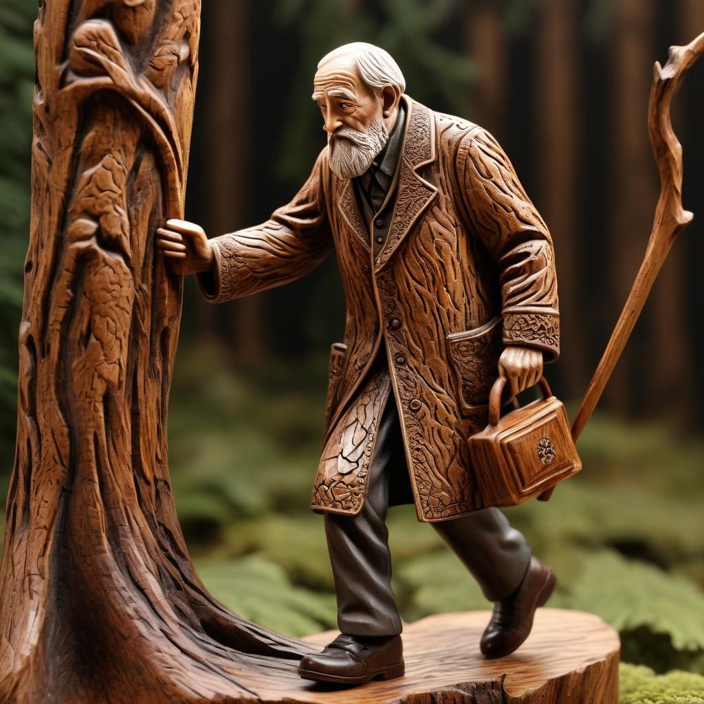 Intricate Wooden Sculpture of Grandfather and Grandson