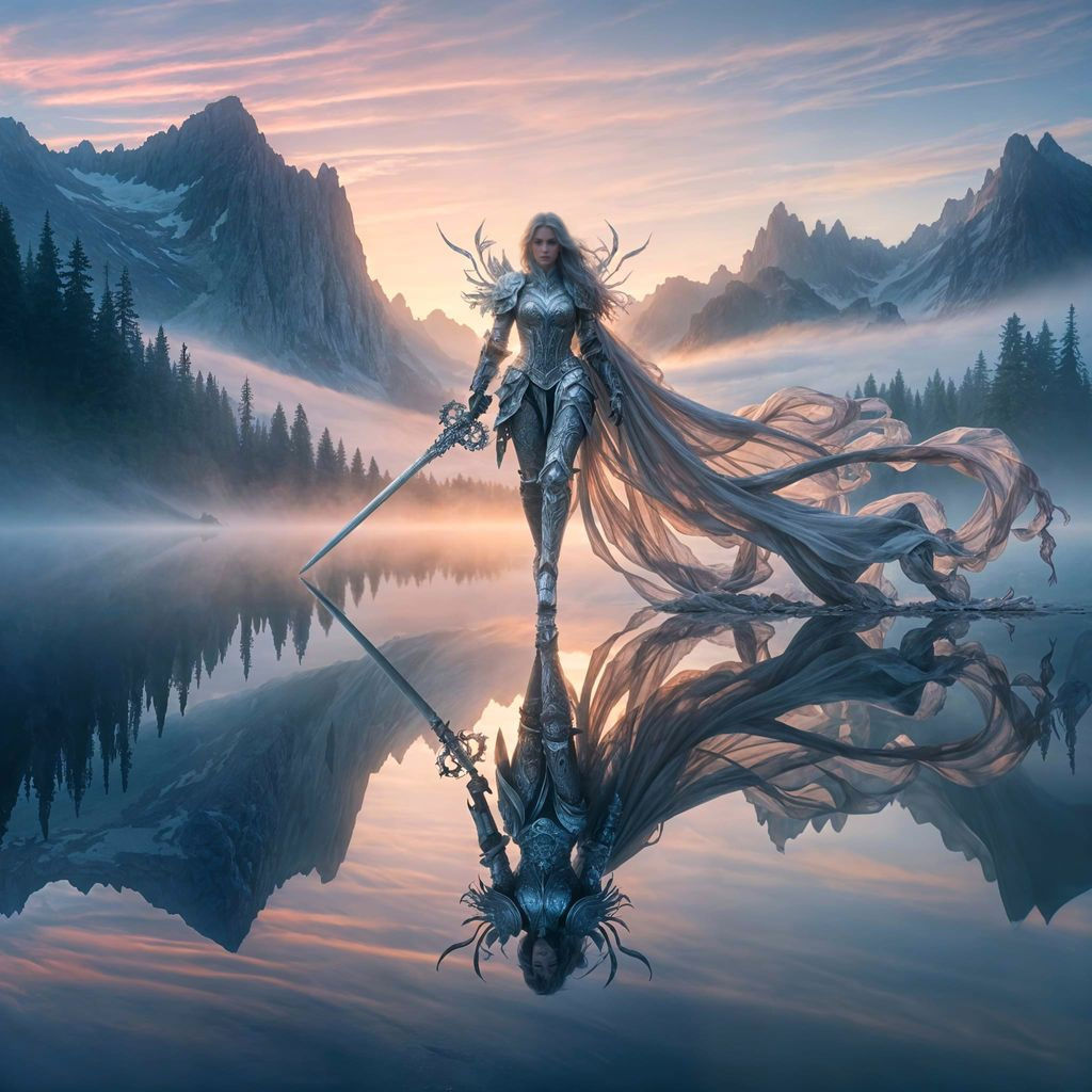 Warrior Maiden Strides Across Misty Mountain Lake