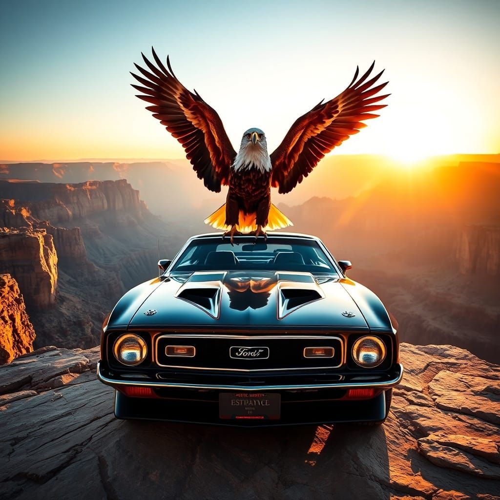 Eagle on Mustang Mach 1 at Canyon Sunrise