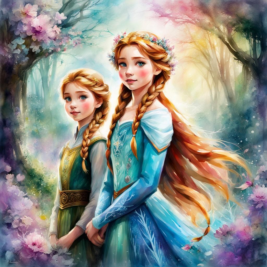 Portrait, Princess Elsa and Anna in Spring Wonderland
