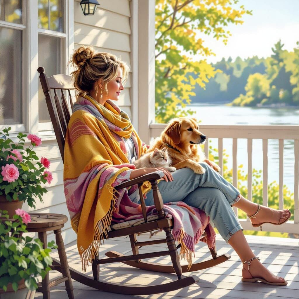Woman and Pets Enjoying a Sunny Morning on Lake View Porch
