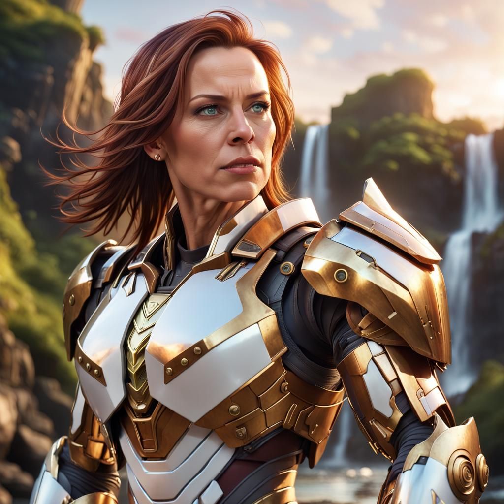 Muscular Android Woman in Gleaming Armor, Sci-Fi Style