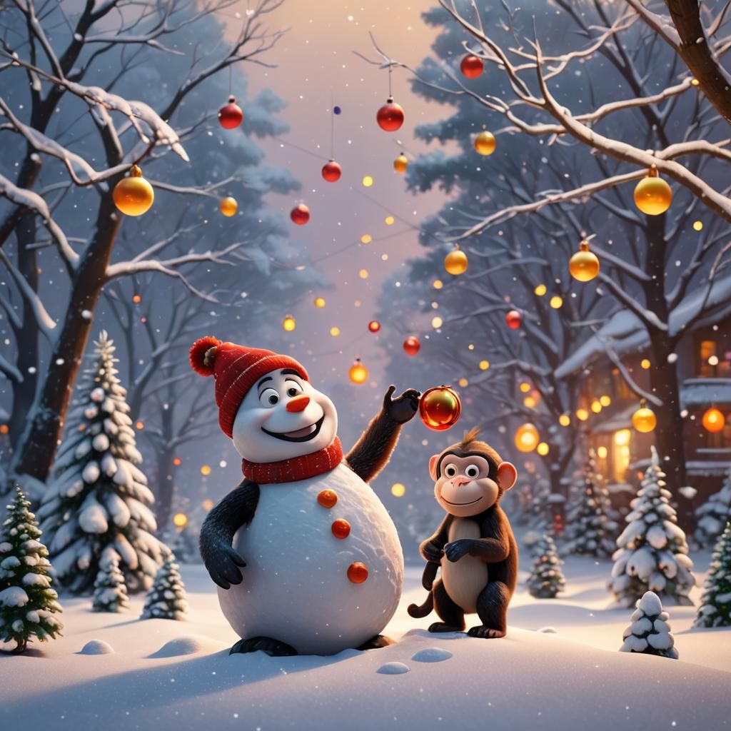 Festive Monkey and Snowman in Pixar Style