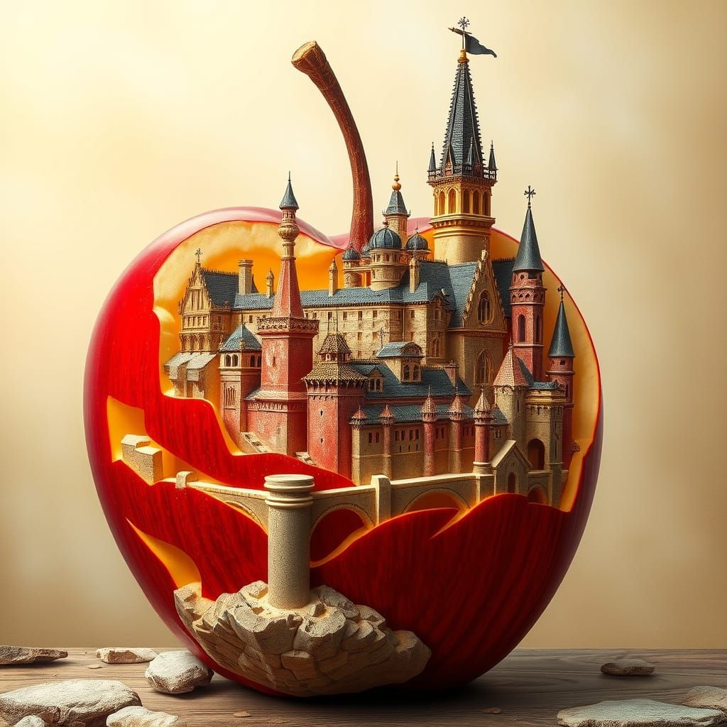Medieval City Carved into a Red Apple