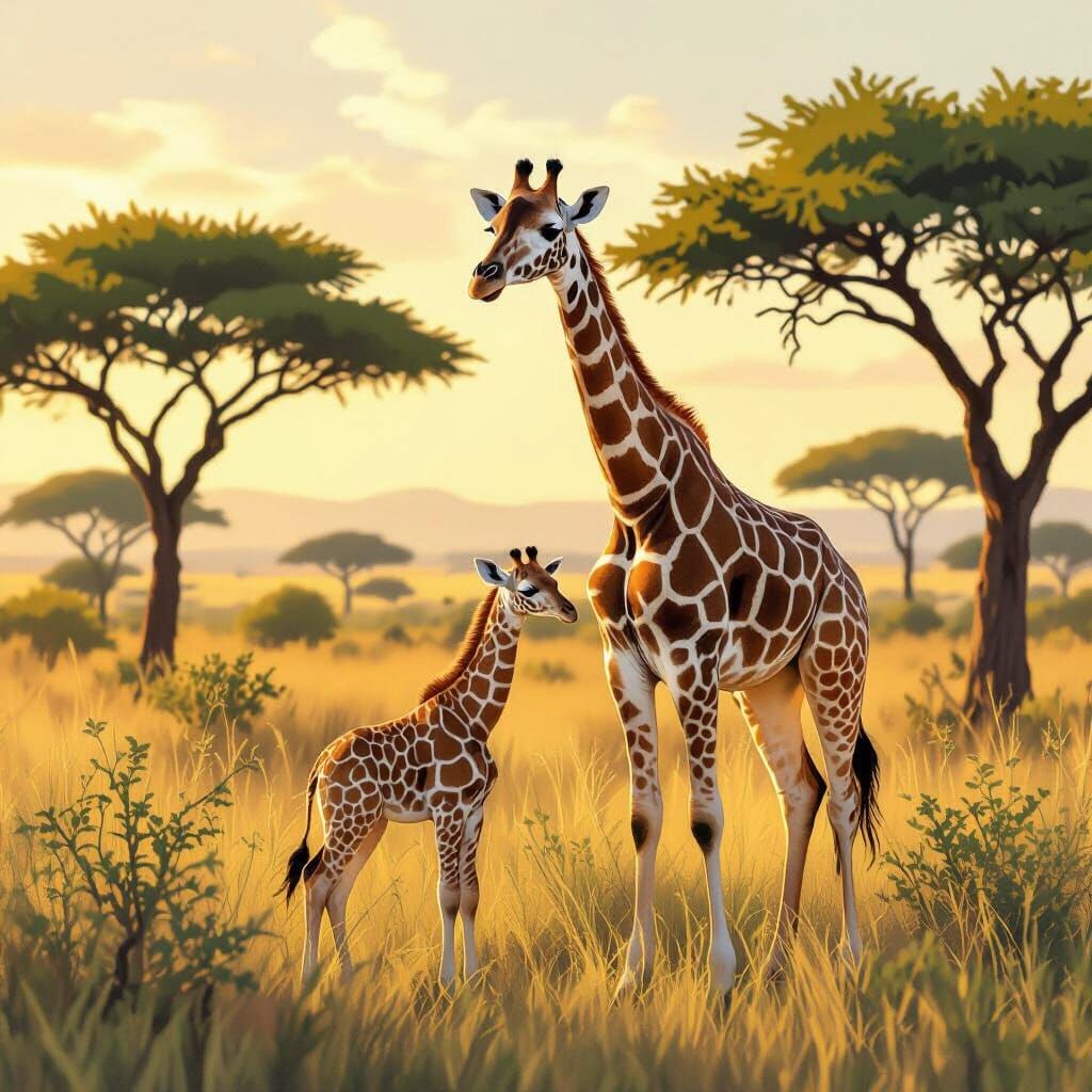 Mother and Baby Giraffe in Sun-Dappled Savanna