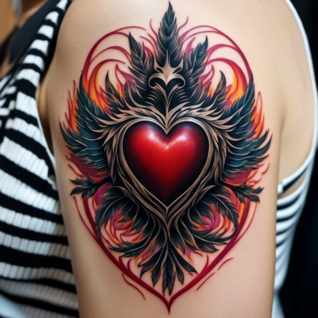 Sacred Heart Tattoo with Feathered Details