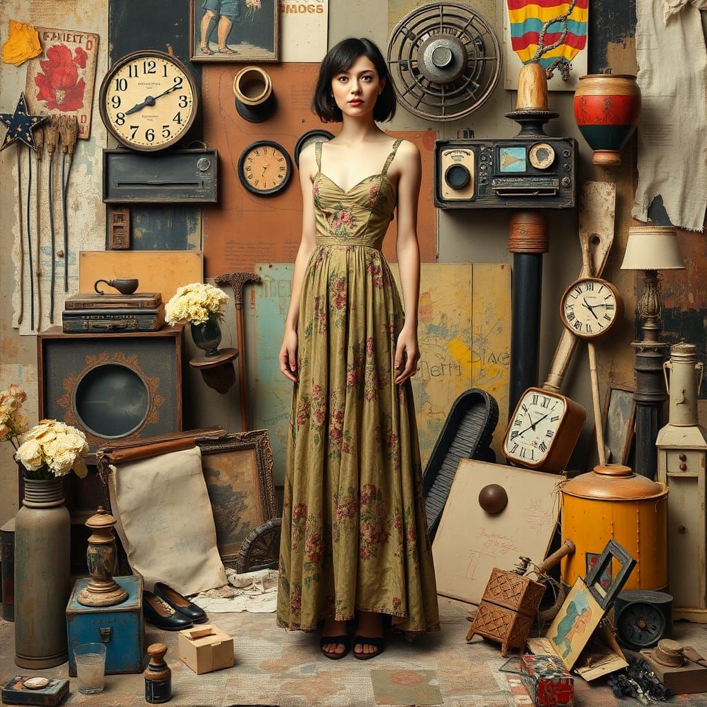 Woman in Dress Surrounded by Assemblage Art