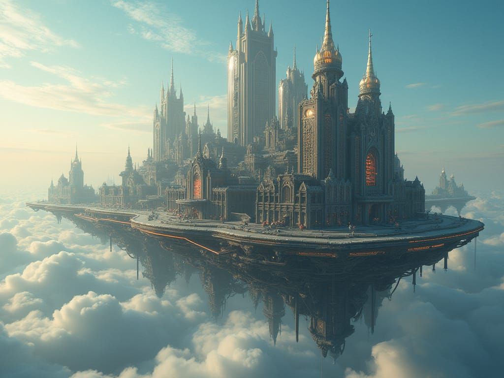Floating City with Gothic Spires and Neon Lights