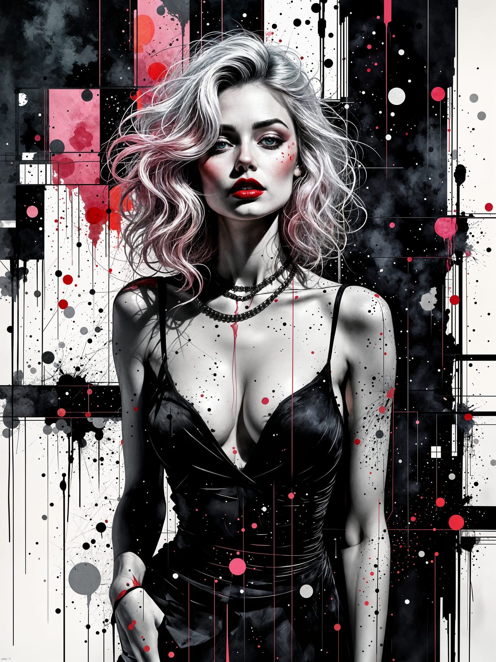 Stylized Portrait with Geometric Grid and Ink Splatters