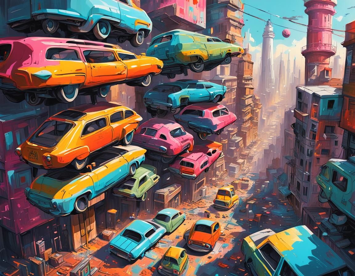 Dystopian Futuristic City with Flying Cars in Graffiti Art