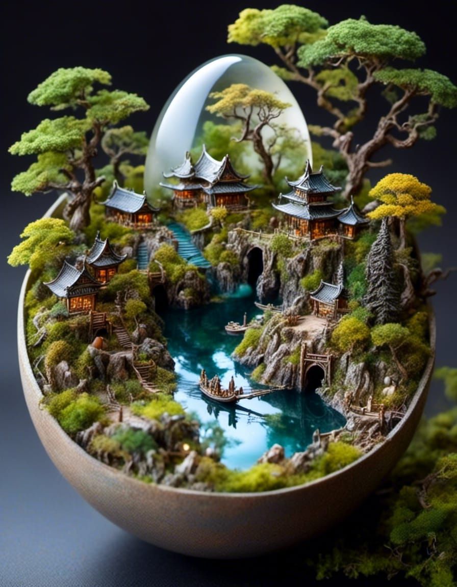 Japanese zen bonsai garden inside resin egg