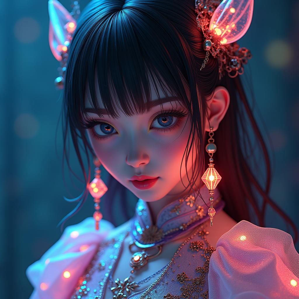 Woman in Iridescent Garments, Hyperrealistic Digital Art