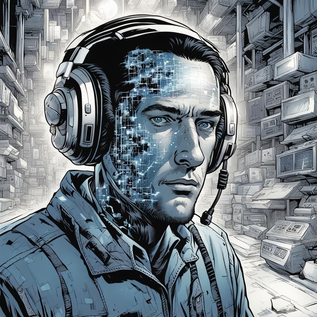 Technician with Scrambled Face in Comic Book Art