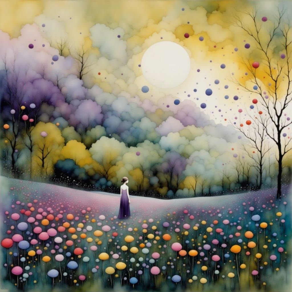 Girl in a Vibrant Floral Wonderland, Intricately Illustrated