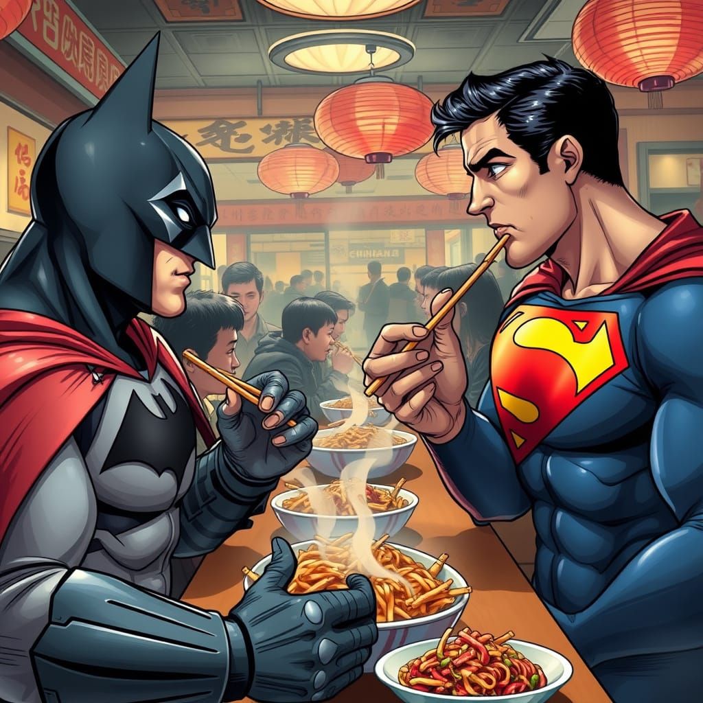 Batman and Superman Enjoying a Meal in a Bustling Chinese Re...