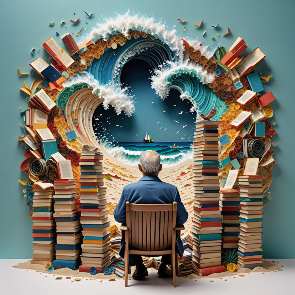 Elderly Man Admires Quilling Book Flood