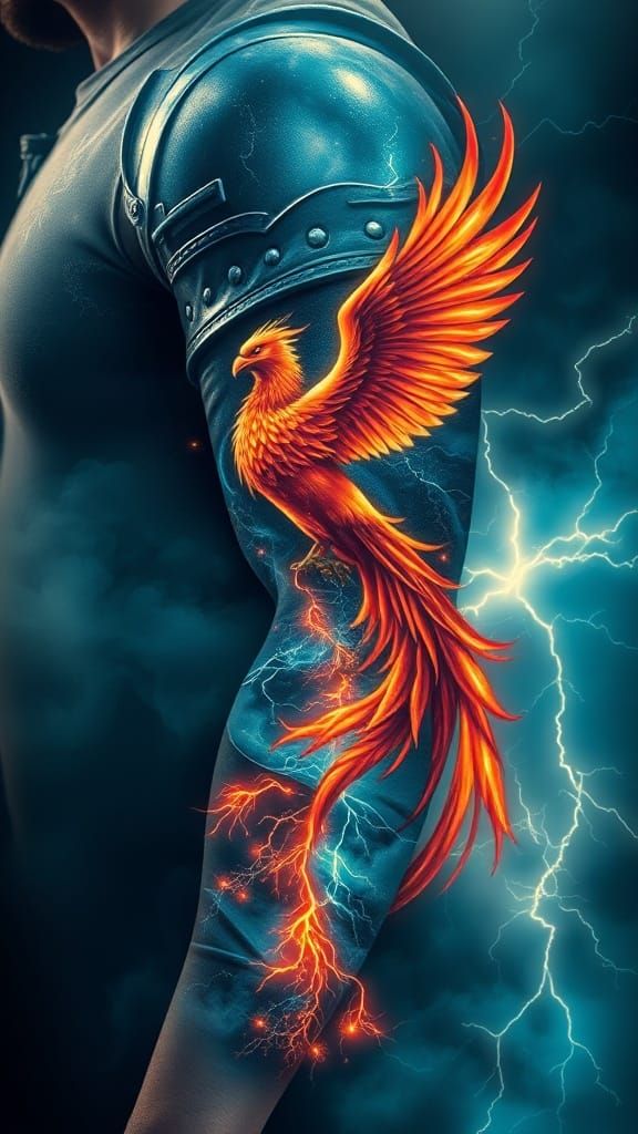 Knight and Phoenix Tattoo Design with Lightning Storm
