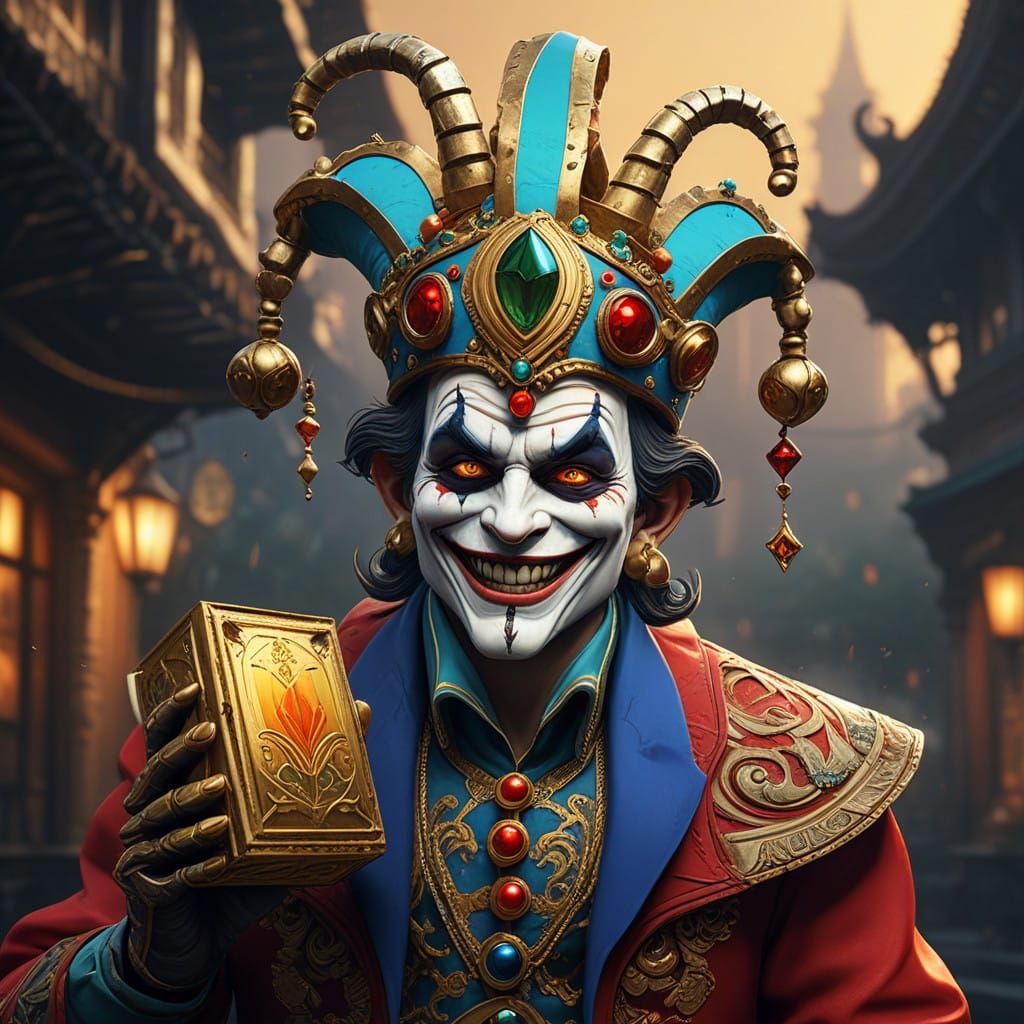 Whimsical Jester in Vibrant, Textured Costume, Surrounded by...