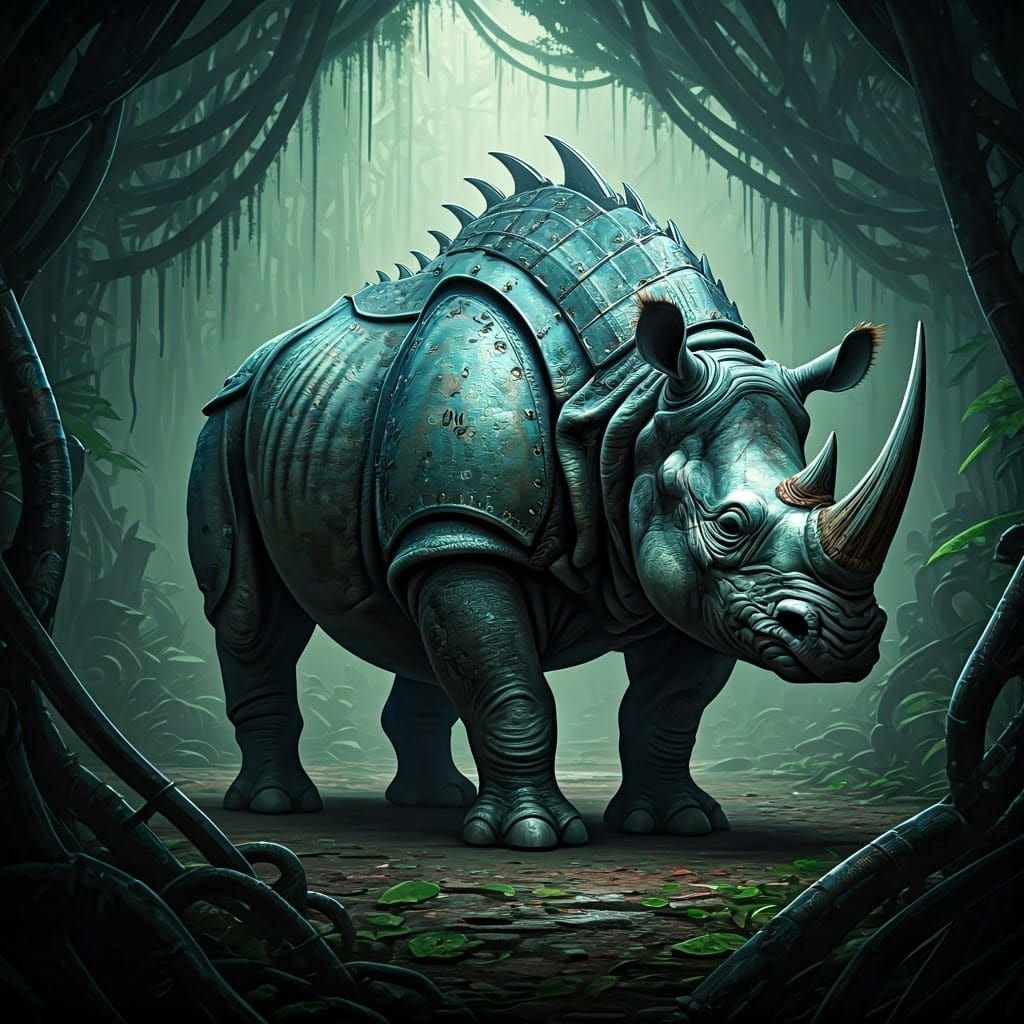 Cyborg Rhino-Dinosaur Hybrid in Dystopian Jungle