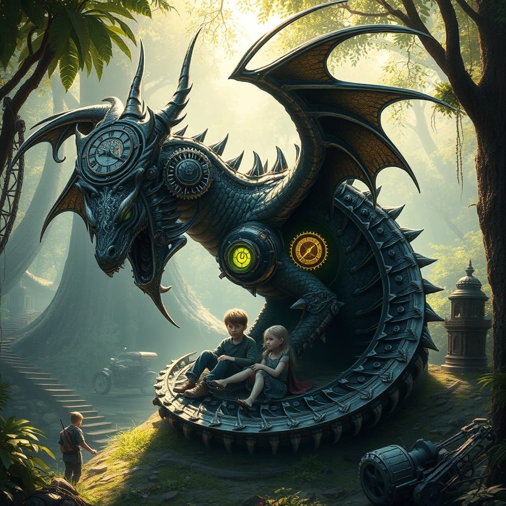 Gothic Clockwork Dragon Protecting Children in Jungle Ruins
