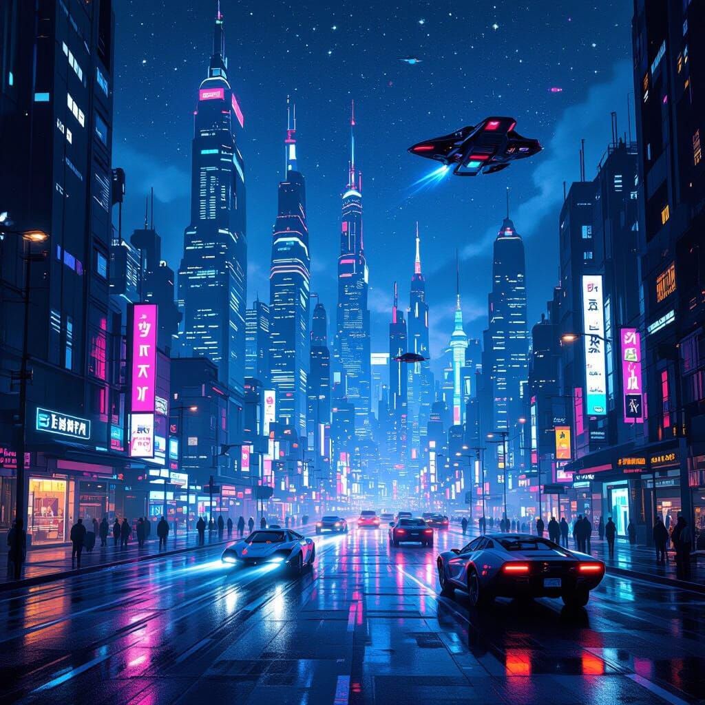 Cyberpunk Cityscape Shimmers Under Starry Sky